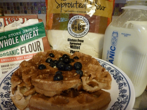 Millet-wheat waffle topped with blueberries.