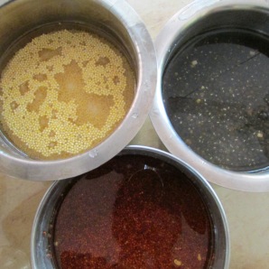 Step 1: Wash and soak the grains and beans. Pictured here, clockwise from top left are sama+proso, whole urad, and ragi.